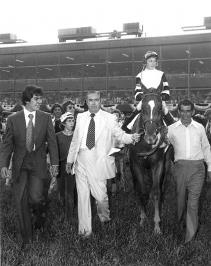 Larry, Laz, Affirmed with jockey Steve Cauthen aboard and groom Juan at the Preakness 1978